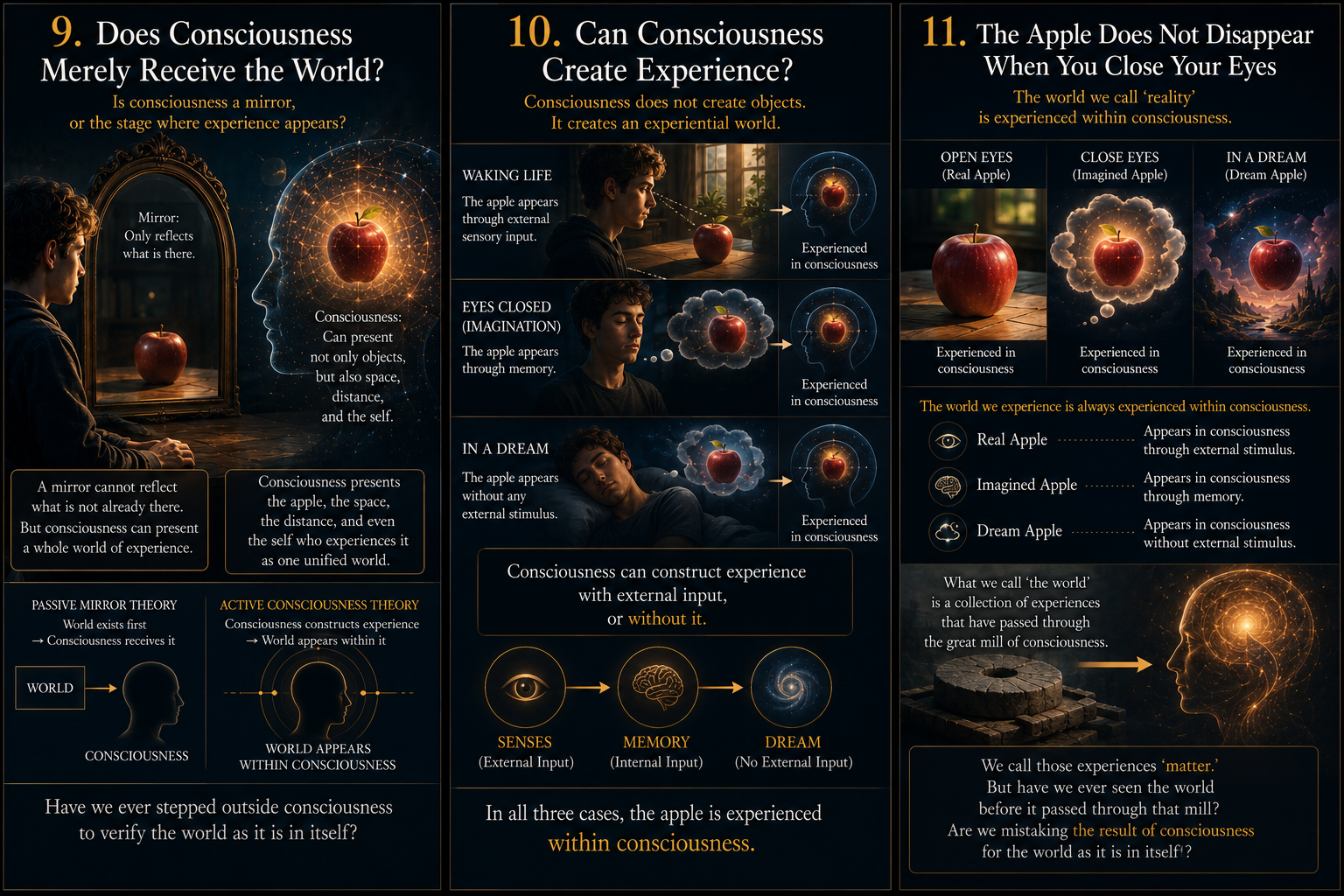 Consciousness as a creative stage rather than a passive mirror, forming a red apple, space, distance, and the observing self as one experience