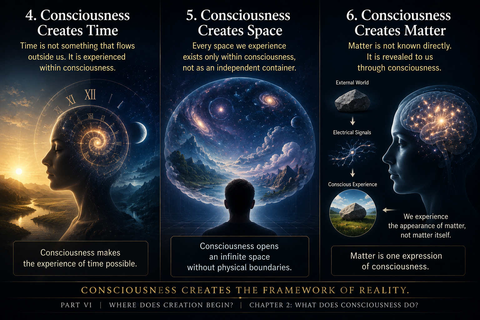 A symbolic illustration of consciousness creating time, space, and matter.