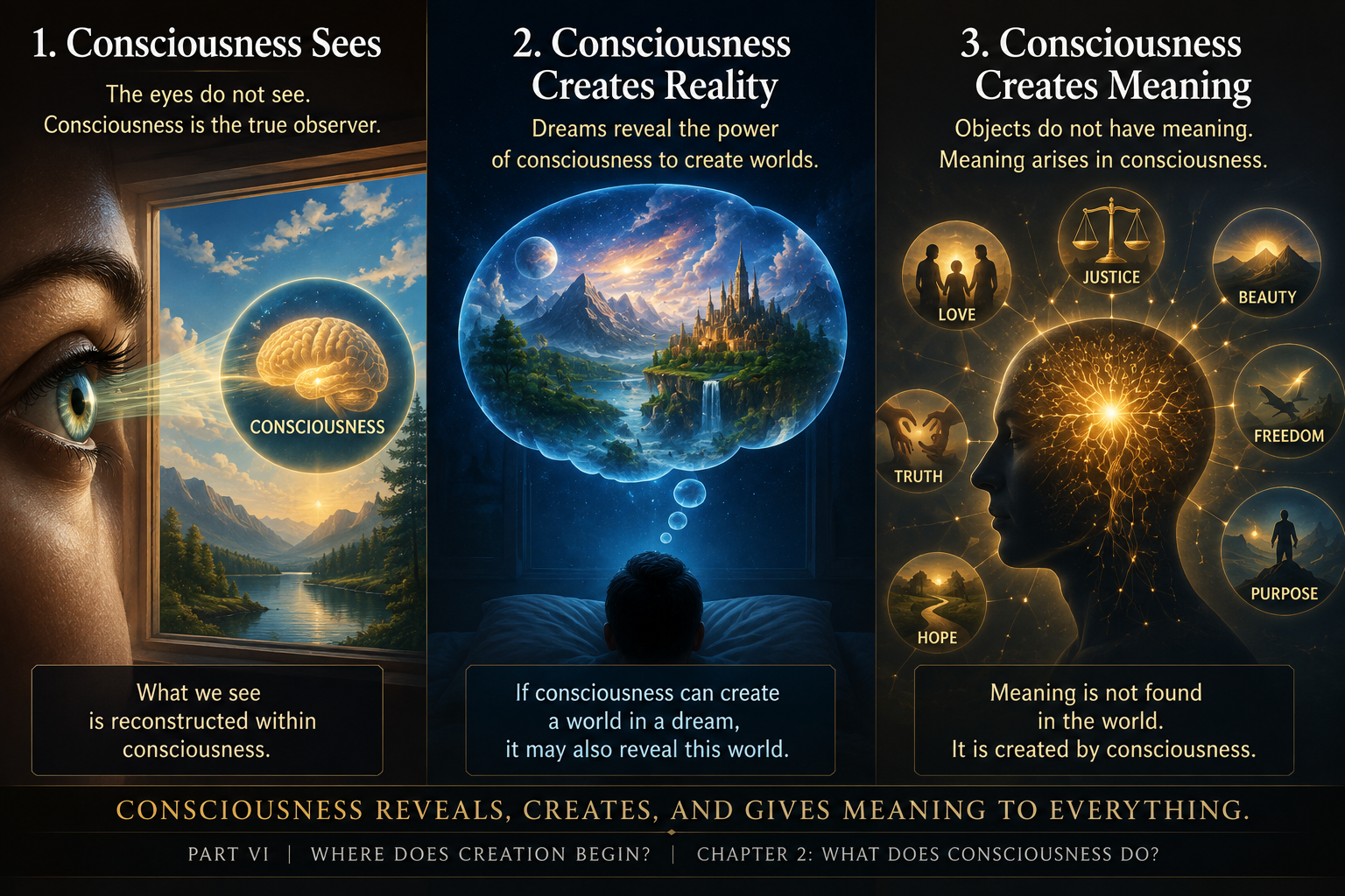 A visual representation of consciousness seeing, creating reality, and creating meaning.