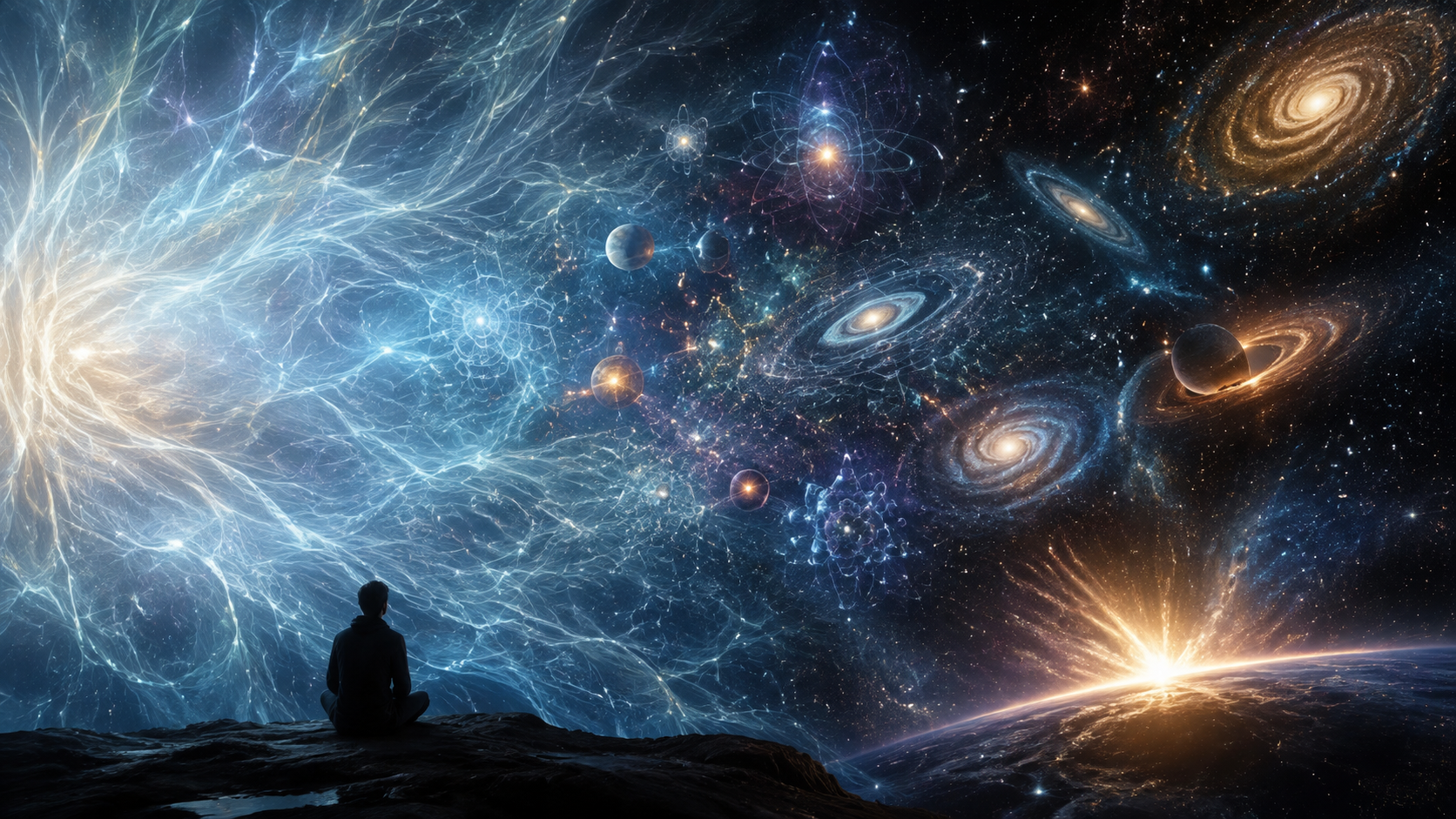 意識場理論を通して、宇宙と物質より先に意識が存在した可能性を探究するイメージ