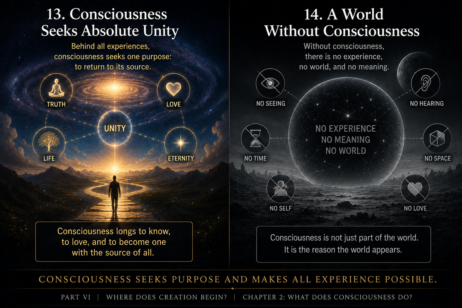 A visual representation of the purpose of consciousness and a world without consciousness.