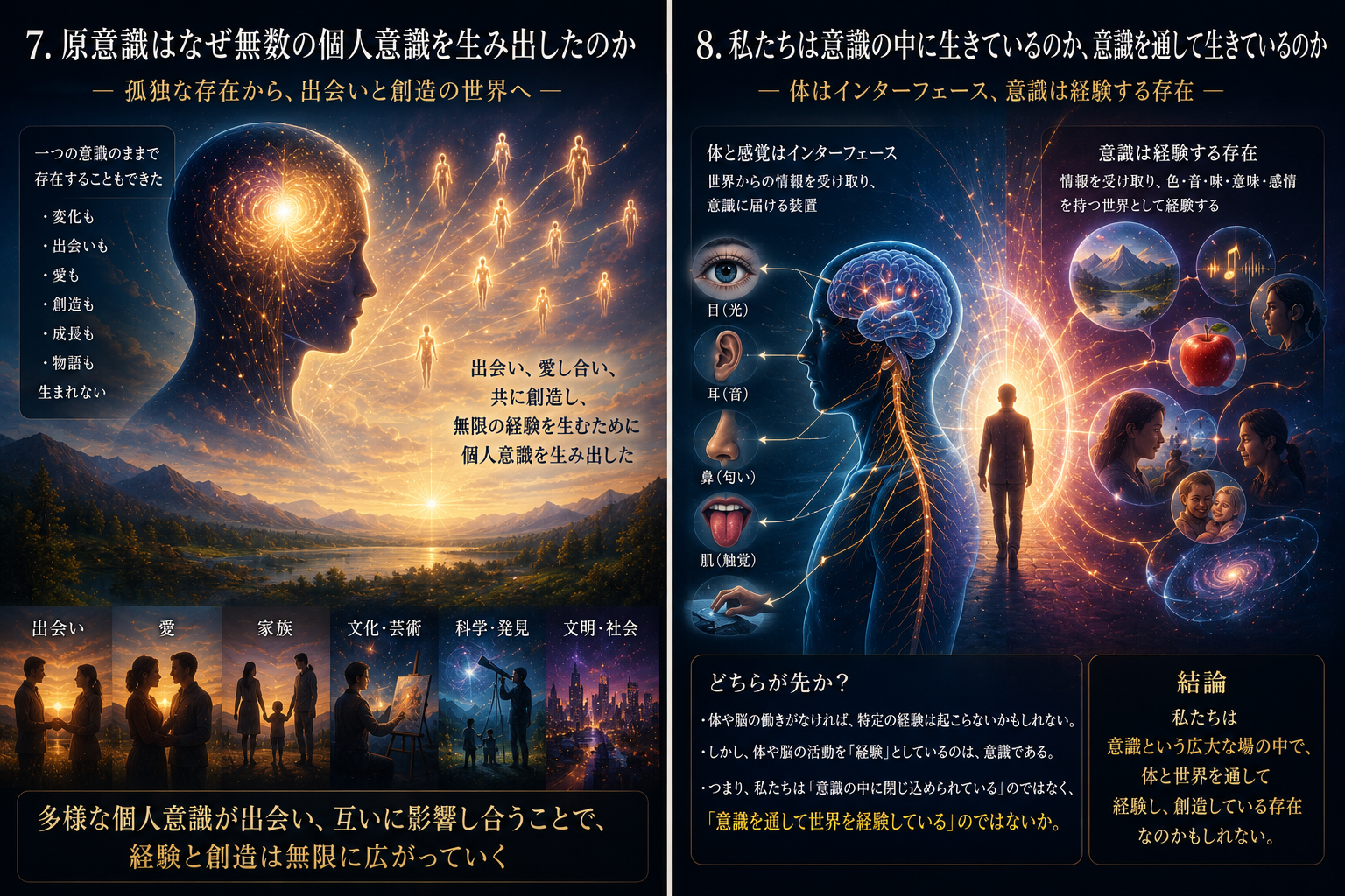 物理的な光と神経信号だけでは色・味・愛などの主観的経験を説明できないことを示す意識場理論のイメージ
대체 텍스트
脳の神経活動と赤いリンゴの主観的経験を比較し、意識のHard Problemを表現したイメージ
대체 텍스트
光・色・味・音・愛・意味などの経験が意識の中で一つの世界として統合されることを表現した意識場理論のイメージ

身体を意識のインターフェースとして捉え、個人意識が目・耳・鼻・触覚などを通して世界を経験し創造することを表現した意識場理論のイメージ