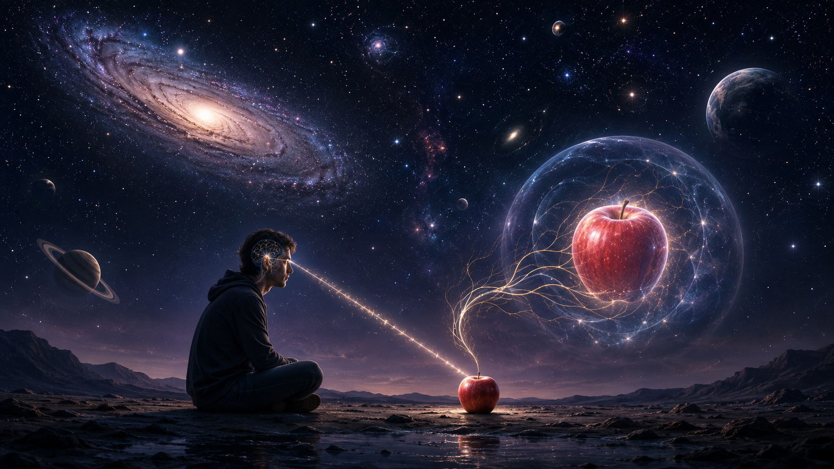 Consciousness and the Universe explored through an observer seeing a red apple as reflected light becomes neural signals and conscious experience.