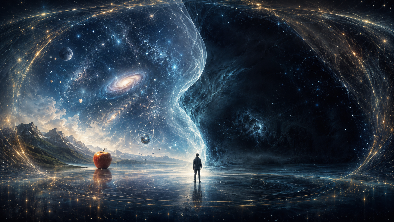 意識場理論から、現象として経験される世界と物自体、宇宙を包む大意識場の可能性を表したイメージ
