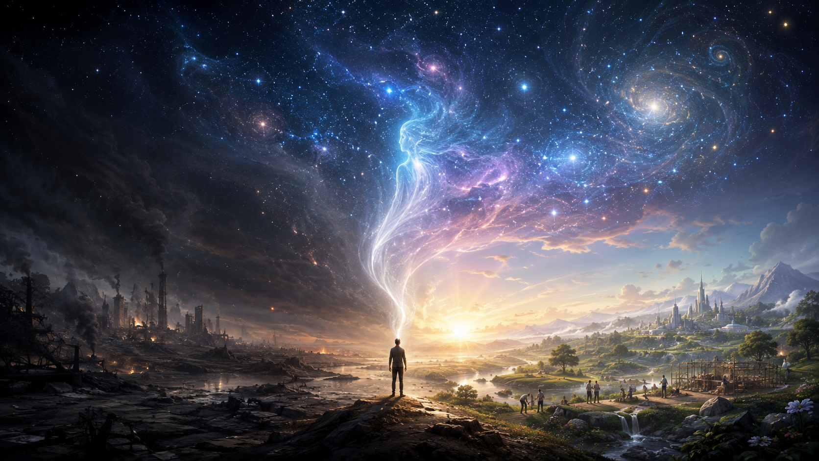 Consciousness and the Universe shown through a human figure transforming a damaged world while a luminous field of awareness opens toward the cosmos.