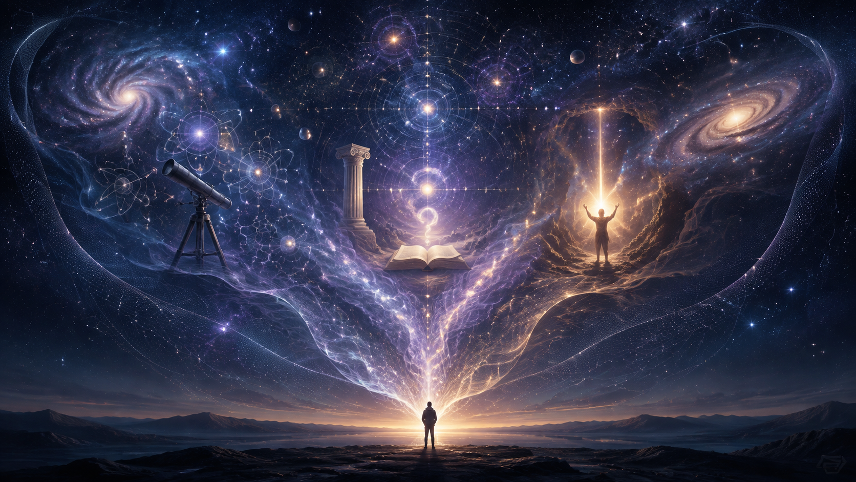 Consciousness and the Universe represented by science, philosophy, and religion converging within an invisible luminous field of consciousness.