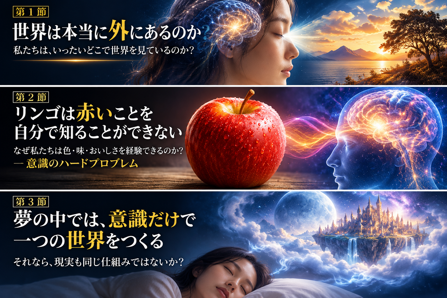 世界は本当に外にあるのか
意識を通して世界を認識する人間と、外部世界の関係を表現したイメージ
リンゴは赤いことを自分で知ることができない
赤いリンゴと人間の意識を通して、色・味・意味が意識の中で経験されることを表現したイメージ
夢の中では、意識だけで一つの世界をつくる
夢の中で意識が人・空間・自然・世界を構成する様子を表現したイメージ