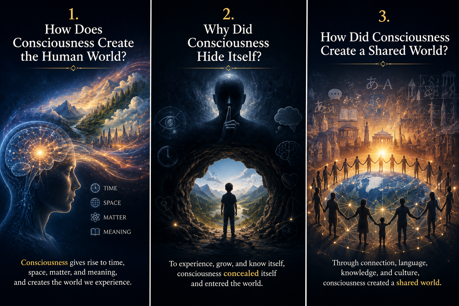 How consciousness creates the human world through individual consciousness, hidden consciousness, and a shared world