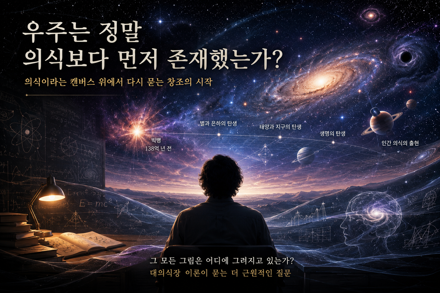 ### 대체텍스트

“우주와 의식의 관계를 탐구하는 이미지로, 우주를 바라보는 한 사람과 은하·별·행성이 펼쳐진 장면을 통해 ‘우주는 정말 의식보다 먼저 존재했는가?’라는 질문을 표현한 대표 이미지.”
