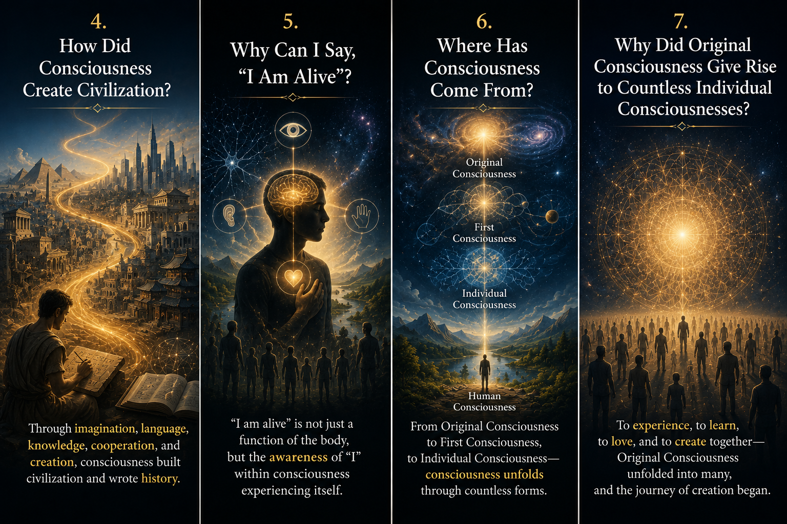 How consciousness creates civilization, recognizes life, continues through individual consciousness, and originates from Original Consciousness