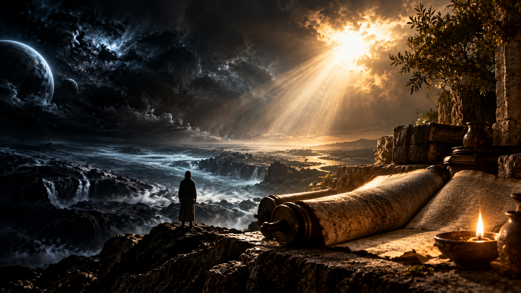 Create a cinematic 16:9 biblical documentary image exploring Genesis 1:1–3.

Show a vast dark primordial scene gradually illuminated by a powerful but restrained beam of light.

On one side, suggest cosmic darkness and an unfinished world.
On the other, subtly incorporate an ancient biblical manuscript.

Create visual connections between:
darkness,
light,
Genesis 1,
Jeremiah,
and the biblical theme of light entering the human world.

The image should raise the question:
Does biblical darkness always mean the physical absence of sunlight?

Do not provide a literal answer.
The atmosphere should feel investigative, scholarly, mysterious, and profound.

Realistic historical documentary aesthetic.
Deep black and dark blue shadows with restrained warm golden illumination.
No fantasy creatures.
No angels.
No recognizable Jesus.
No generated text or readable Bible verses.
16:9 landscape.

