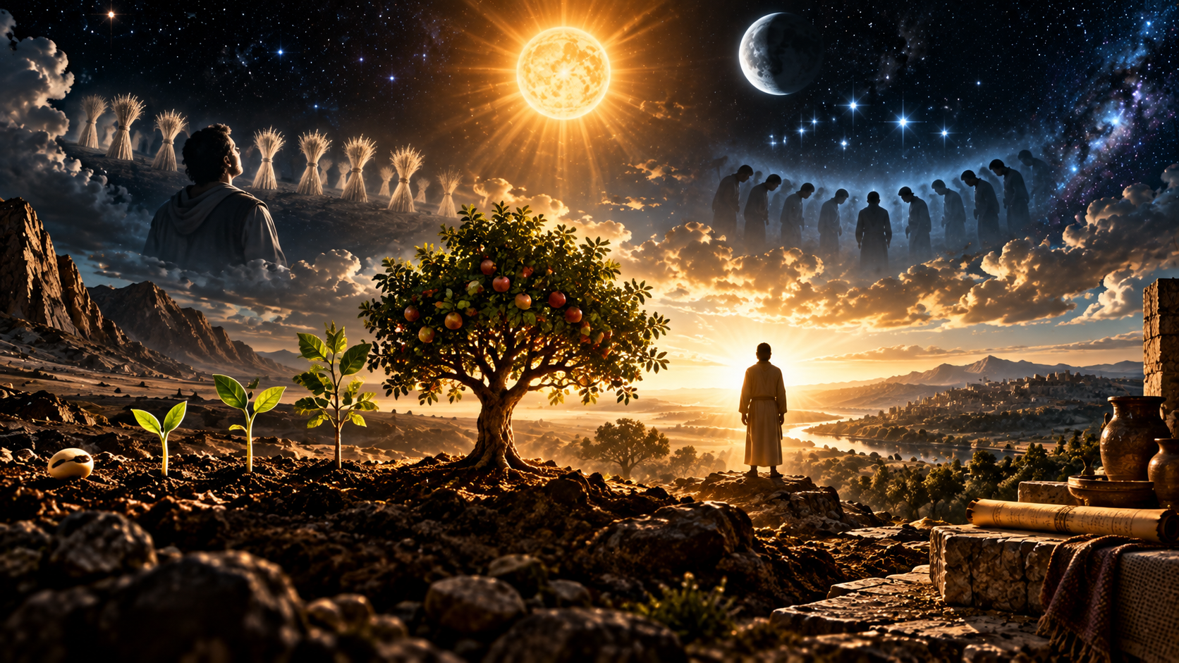 Genesis 1 creation with the sun, moon and stars, seed and tree, and humanity made in the image of God